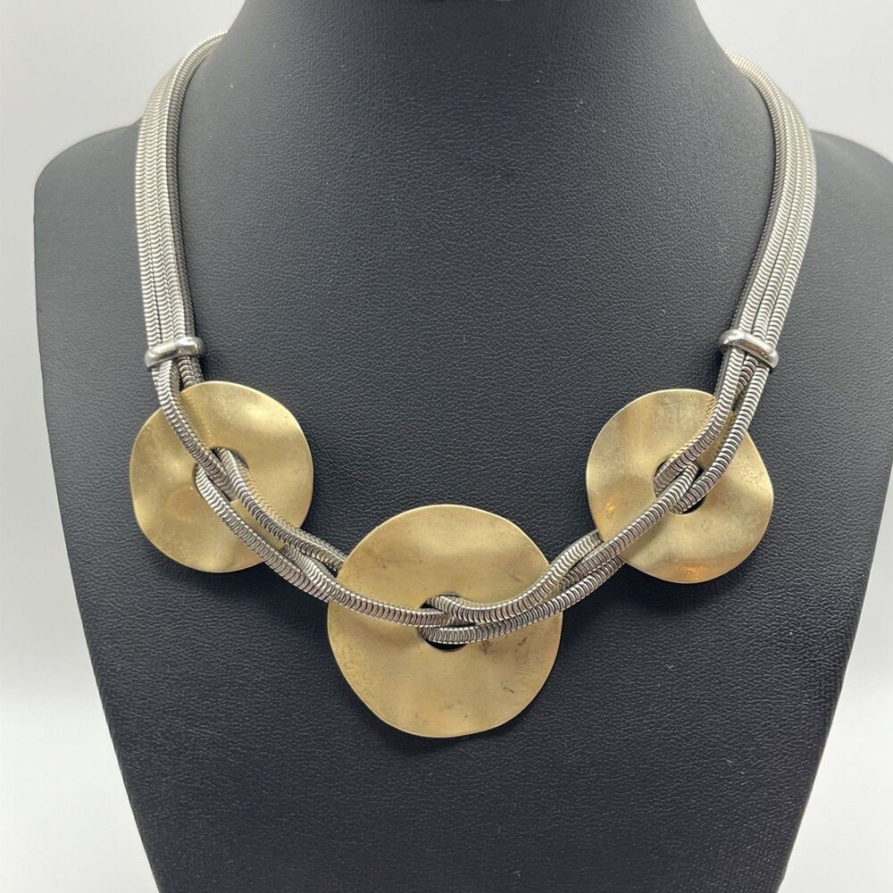 Vintage Modernist Goldtone Hammered Discs On 3 Strand Silvertone Chain Necklace